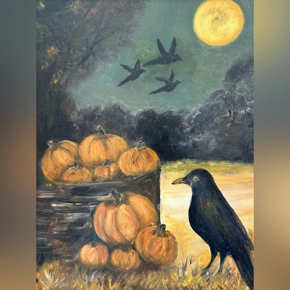 OIL PAINTING Harvest Moon Crow And Pumpkin Art Reclaimed Barn-wood Holiday Fall - Picture 2 of 10